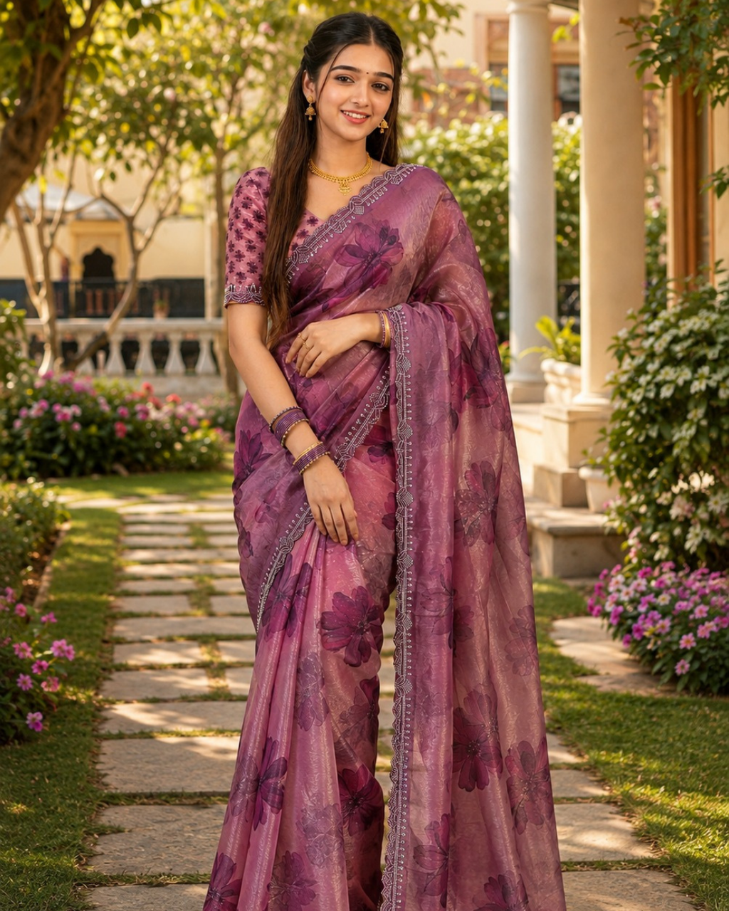 Mauve Purple Watercolor Floral Fandy Silk Saree