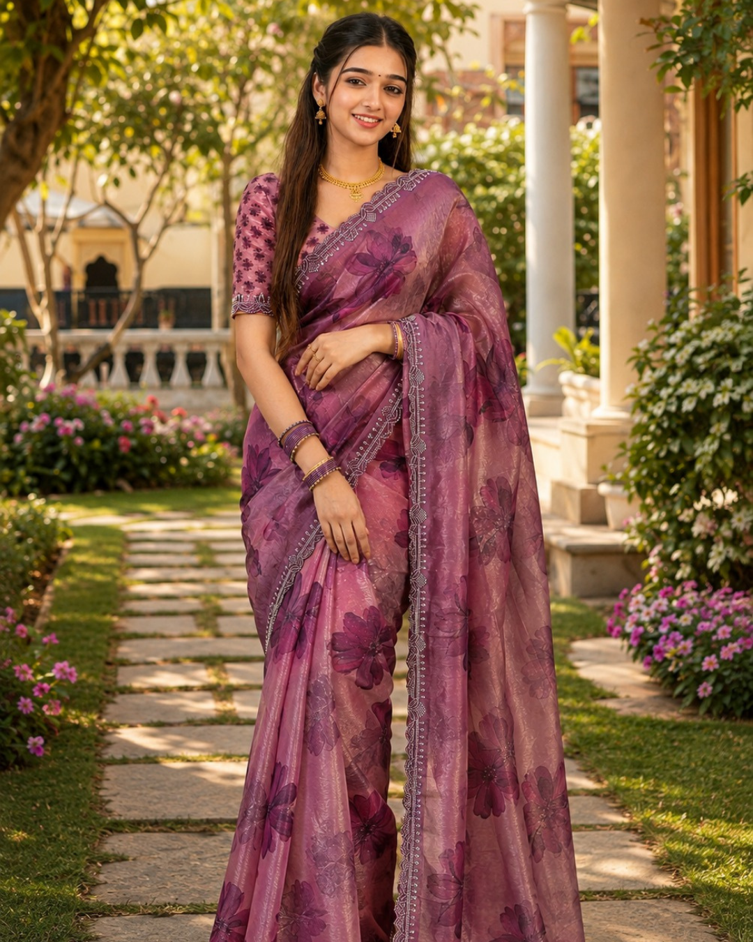 Mauve Purple Watercolor Floral Fandy Silk Saree