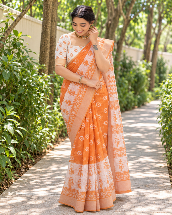 Tangerine Tree Motif Block Chanderi Saree