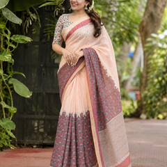 Peach Floral Block Printed Linen Saree