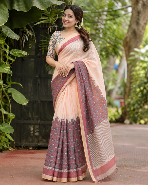 Peach Floral Block Printed Linen Saree