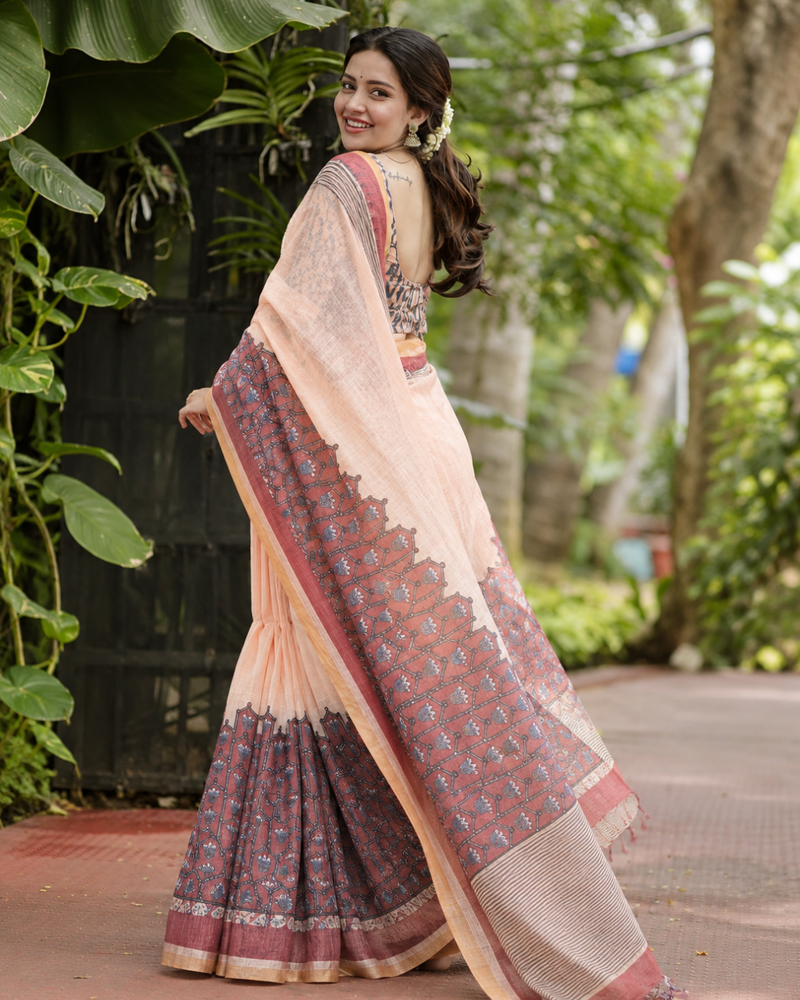 Peach Floral Block Printed Linen Saree