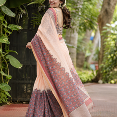 Peach Floral Block Printed Linen Saree
