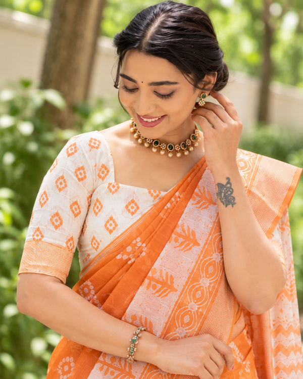 Tangerine Tree Motif Block Chanderi Saree