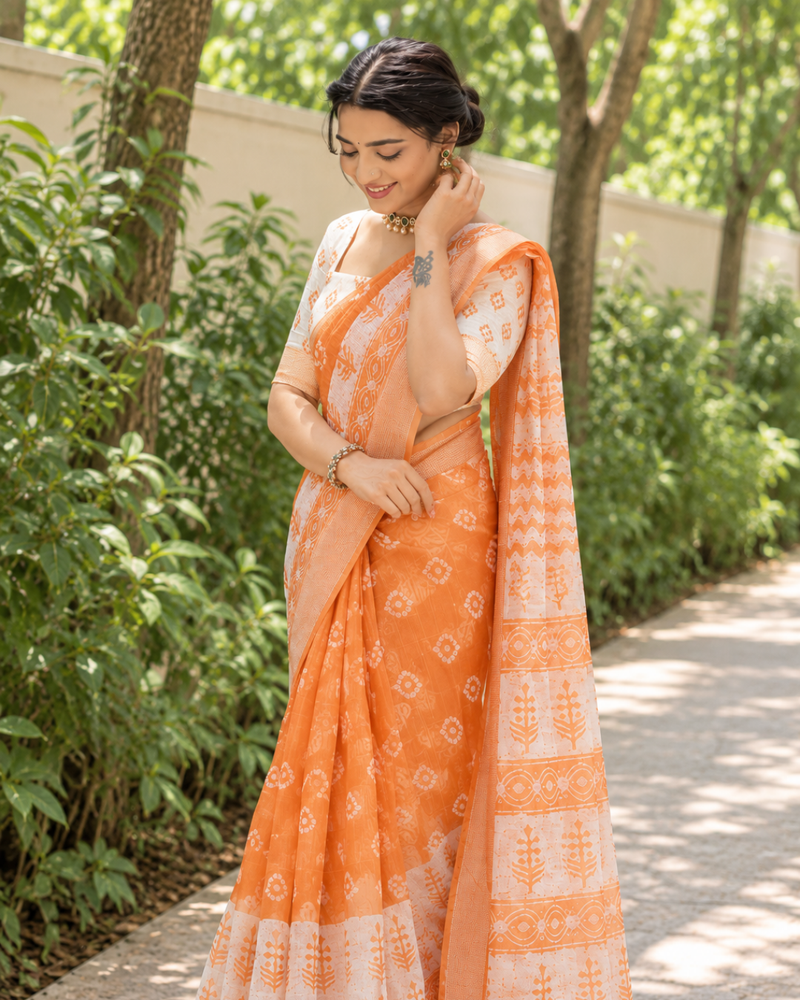 Tangerine Tree Motif Block Chanderi Saree