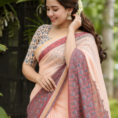 Peach Floral Block Printed Linen Saree