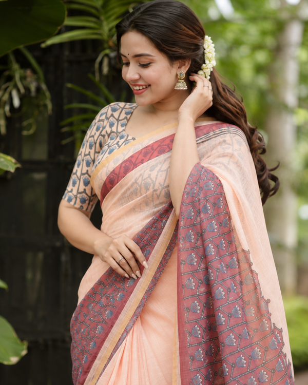 Peach Floral Block Printed Linen Saree