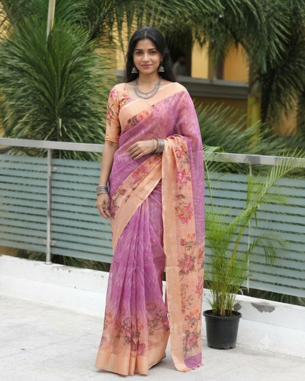 Lilac Orchid Botanical Chanderi Saree