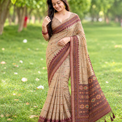 Beige Fawn Geometric Ikat Border Premium Silk Saree