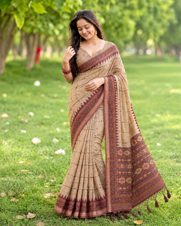 Beige Fawn Geometric Ikat Border Premium Silk Saree