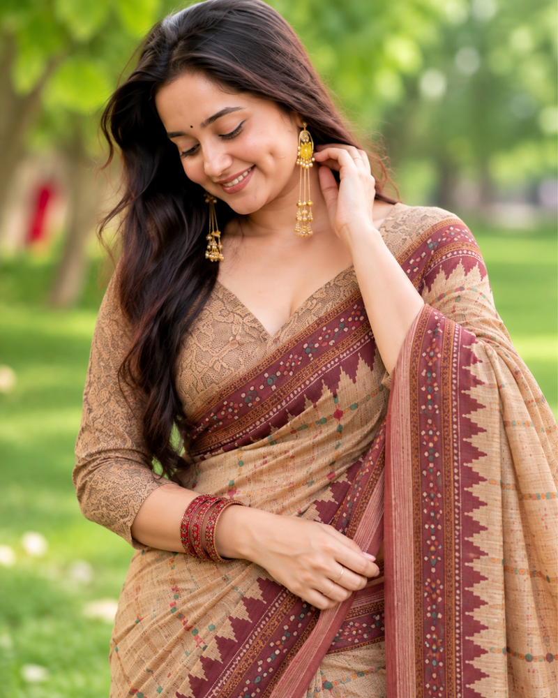 Beige Fawn Geometric Ikat Border Premium Silk Saree