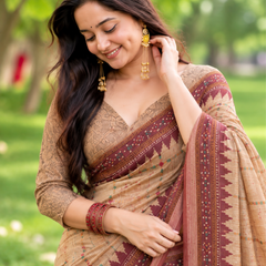 Beige Fawn Geometric Ikat Border Premium Silk Saree