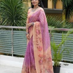 Lilac Orchid Botanical Chanderi Saree