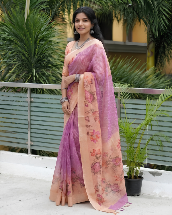 Lilac Orchid Botanical Chanderi Saree