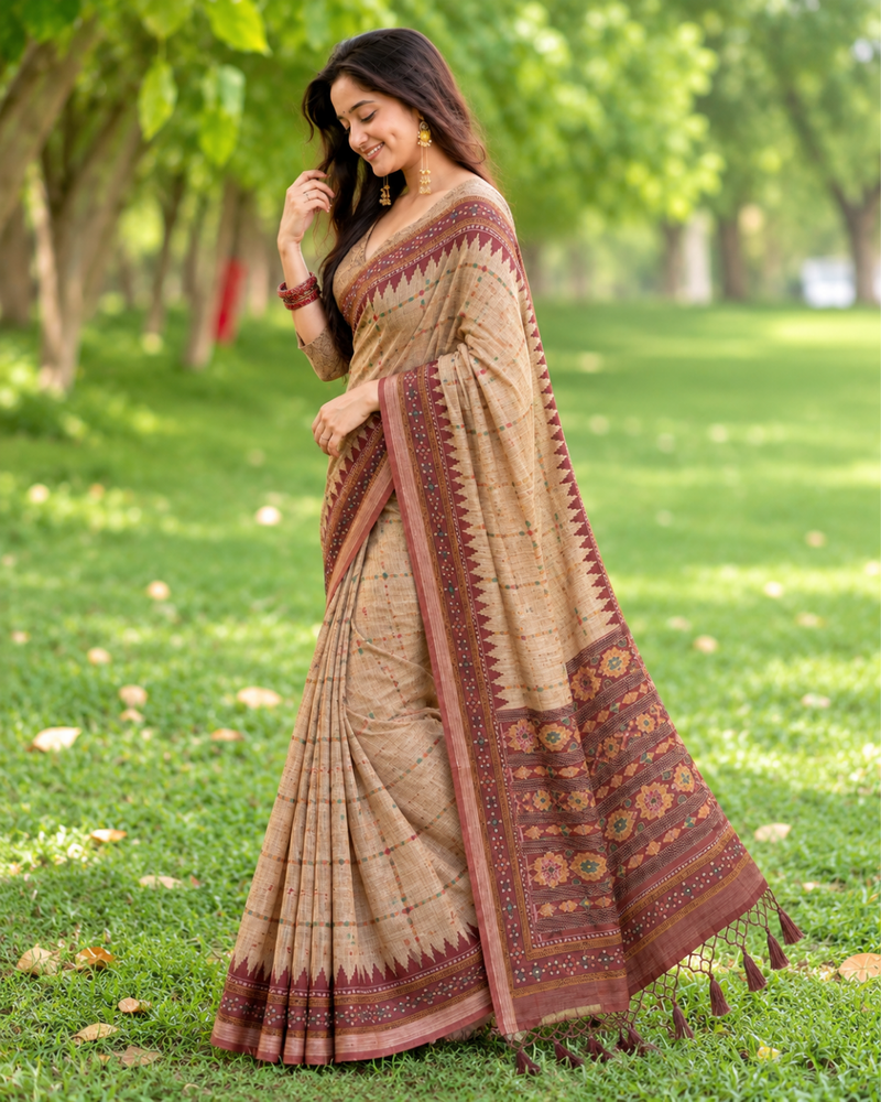 Beige Fawn Geometric Ikat Border Premium Silk Saree