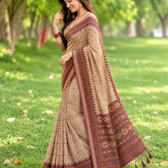 Beige Fawn Geometric Ikat Border Premium Silk Saree