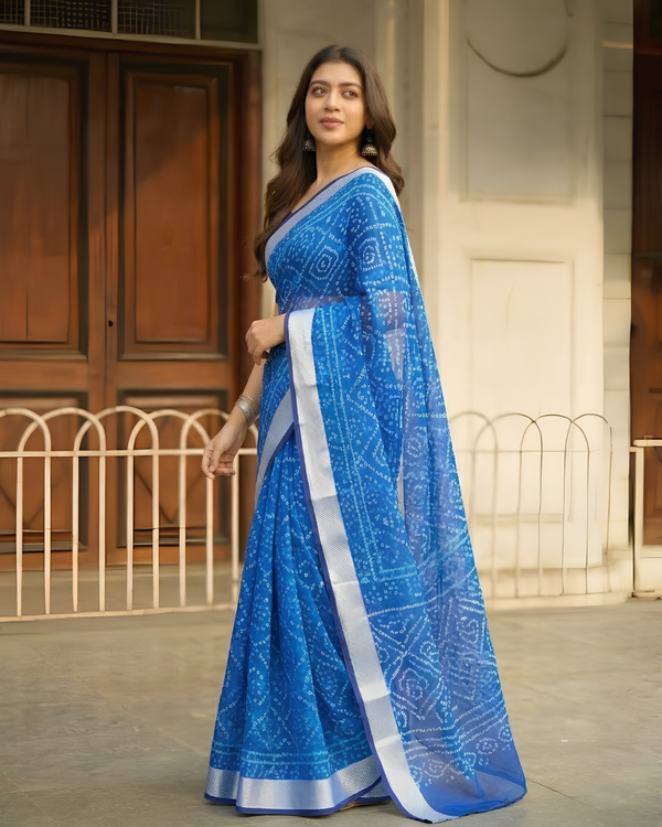 Cobalt Blue Bandhani Ditsy Chanderi Saree