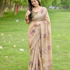 Beige Fawn Abstract Geometric Block Premium Silk Saree