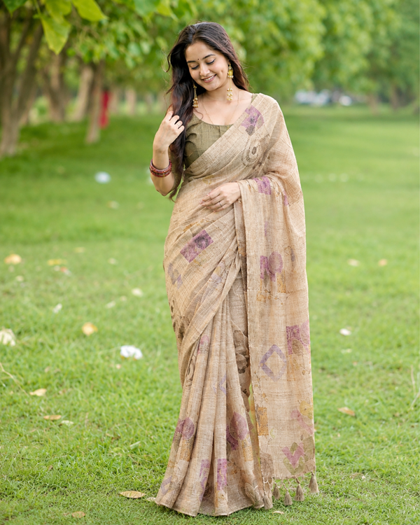Beige Fawn Abstract Geometric Block Premium Silk Saree