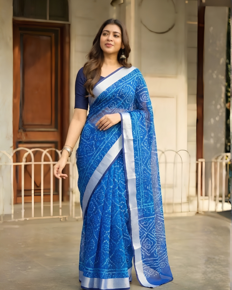 Cobalt Blue Bandhani Ditsy Chanderi Saree