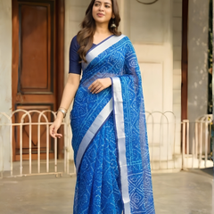 Cobalt Blue Bandhani Ditsy Chanderi Saree