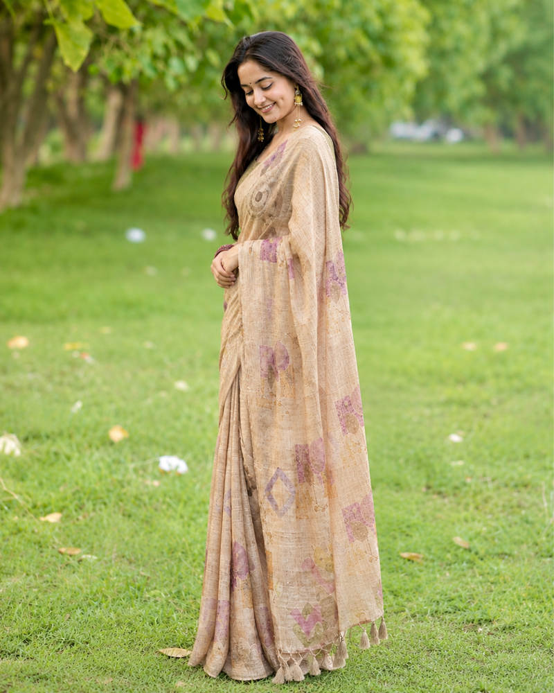 Beige Fawn Abstract Geometric Block Premium Silk Saree