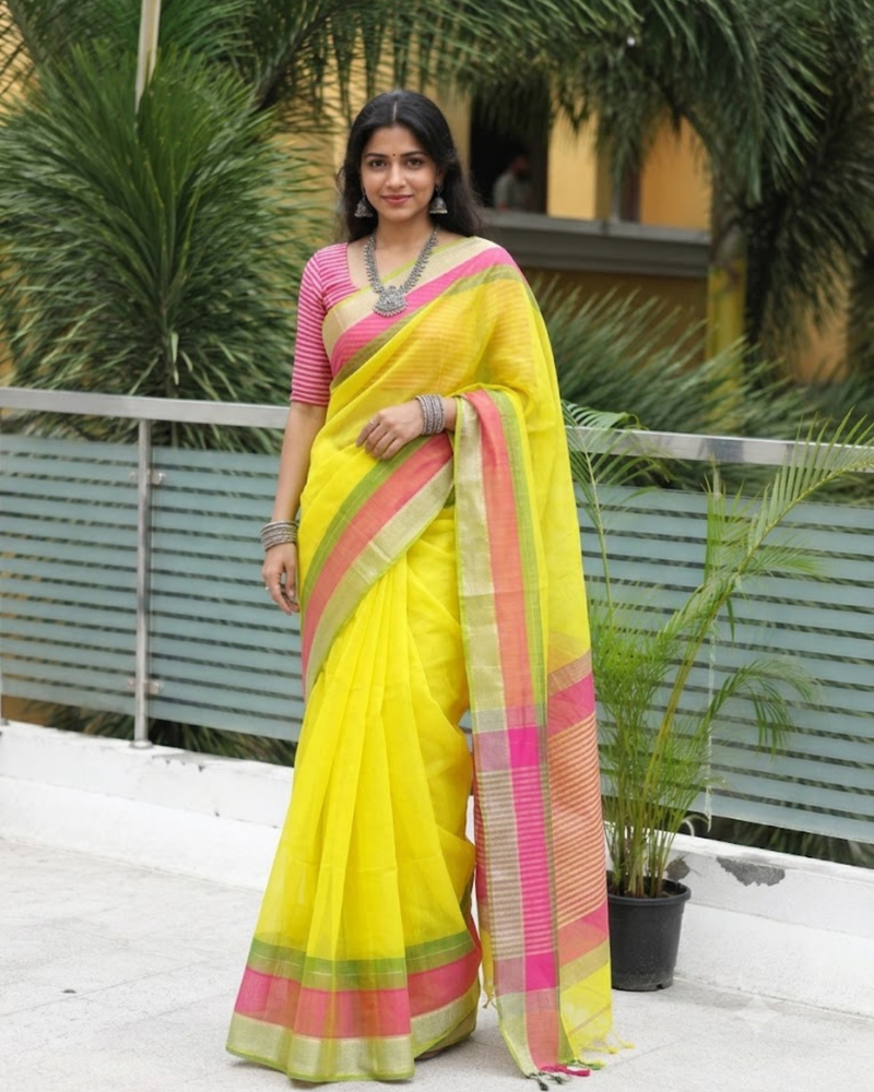 Sunlit Lime Candy Stripe Chanderi Saree