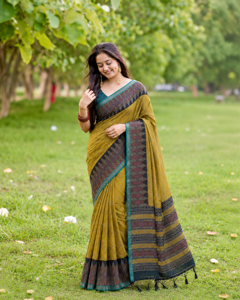 Antique Olive Mustard Ikat Weave Premium Silk Saree