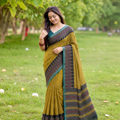 Antique Olive Mustard Ikat Weave Premium Silk Saree