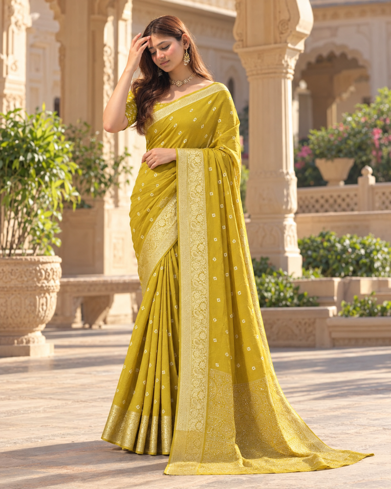 Bright Mustard Gold Bandhani Brocade Premium Silk Saree