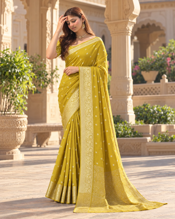 Bright Mustard Gold Bandhani Brocade Premium Silk Saree
