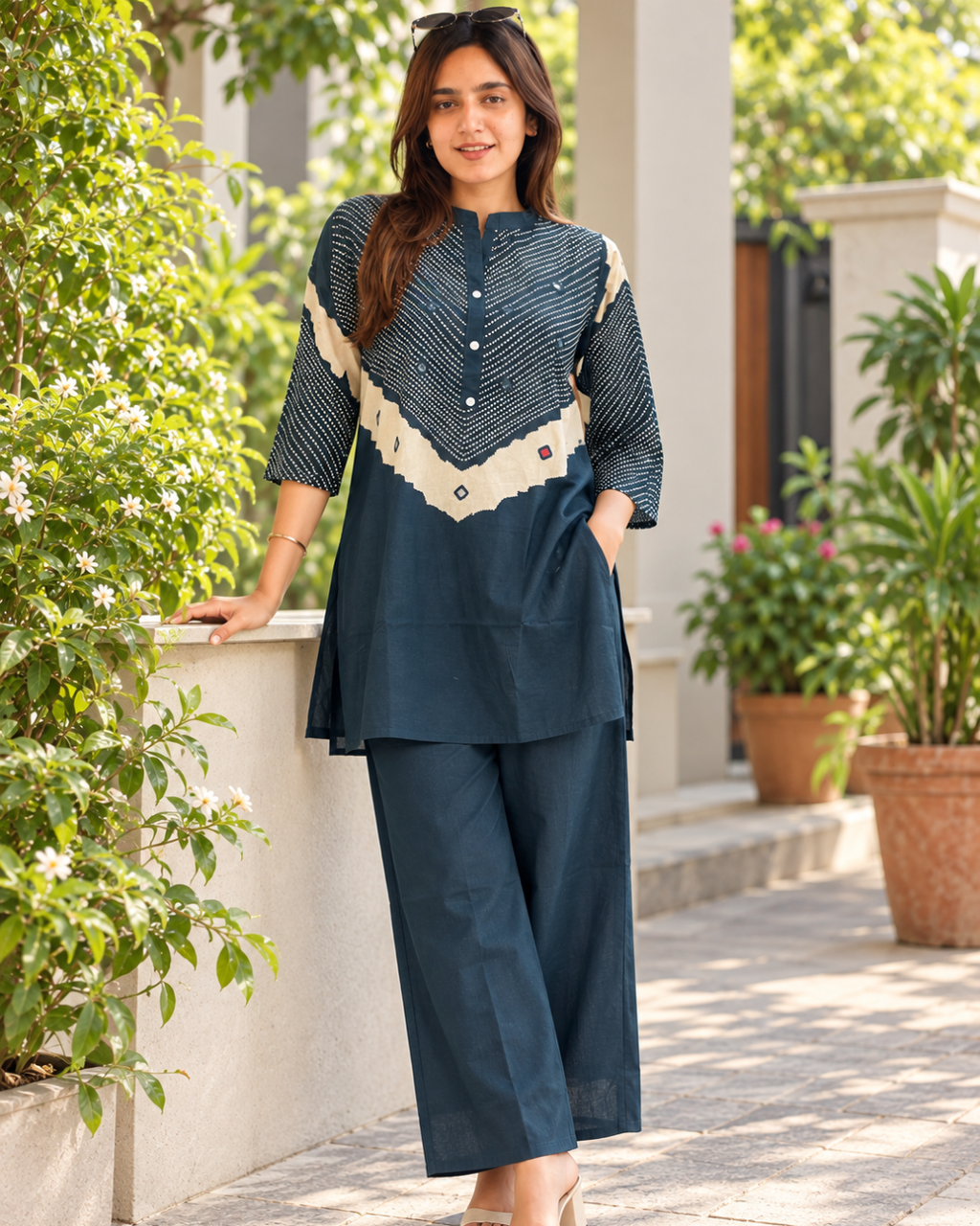 Indigo Bandhani Chevron Kurti Set