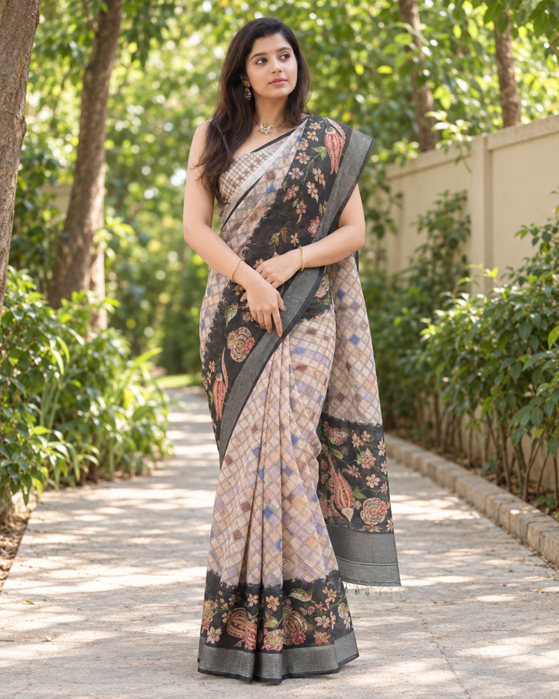 Beige Kalamkari Border Chanderi Saree