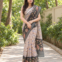 Beige Kalamkari Border Chanderi Saree