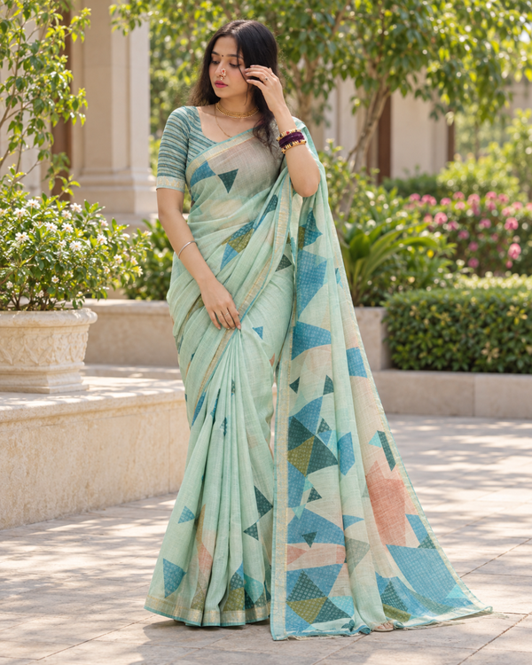 Mint Green Pastel Geometric Prism Premium Silk Saree