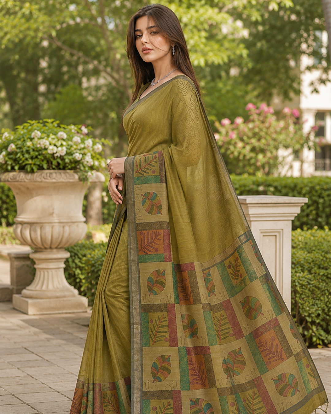 Olive Moss Green Folk Botanical Tile Premium Silk Saree