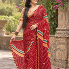Crimson Red Zari Pinstripe Bandhani Saree