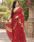Crimson Red Zari Pinstripe Bandhani Saree