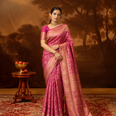 Magenta Pink Geometric Brocade Silk Saree