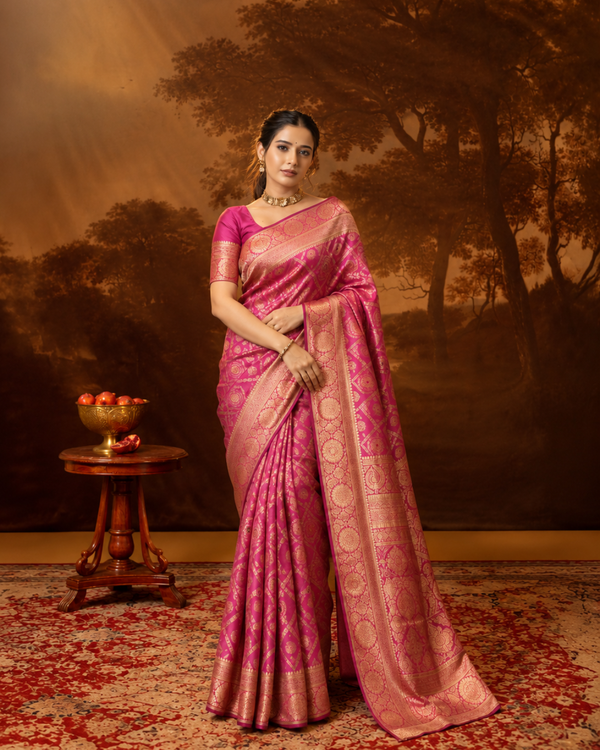 Magenta Pink Geometric Brocade Silk Saree