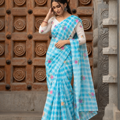 Aqua Blue Gingham Check Floral Linen Saree