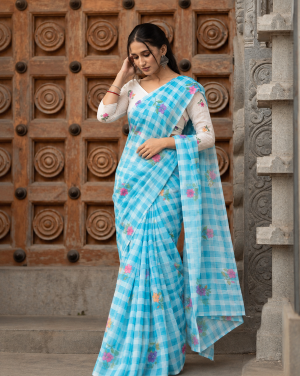 Aqua Blue Gingham Check Floral Linen Saree
