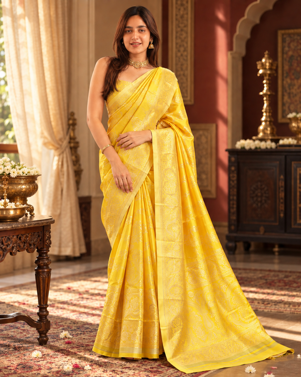 Bright Marigold Brocade Banarasi Silk Saree