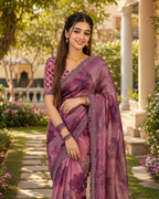 Mauve Purple Watercolor Floral Fandy Silk Saree
