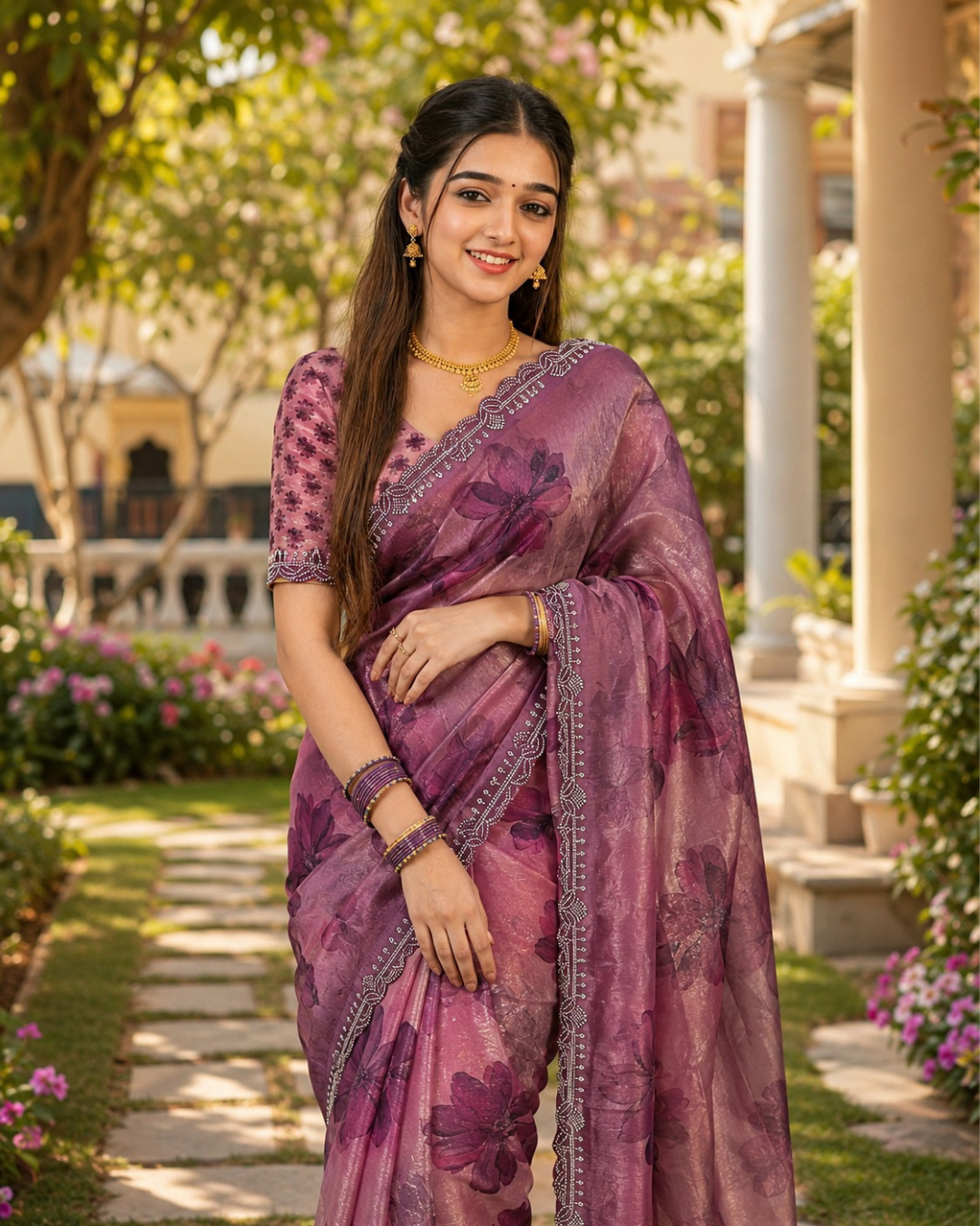 Mauve Purple Watercolor Floral Fandy Silk Saree