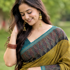 Antique Olive Mustard Ikat Weave Premium Silk Saree