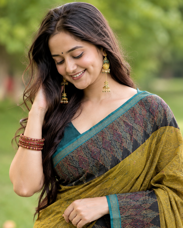 Antique Olive Mustard Ikat Weave Premium Silk Saree