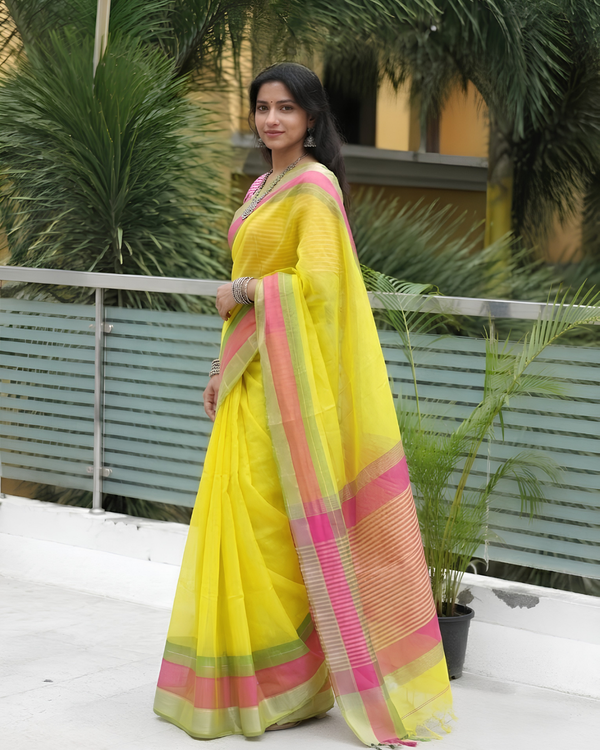 Sunlit Lime Candy Stripe Chanderi Saree