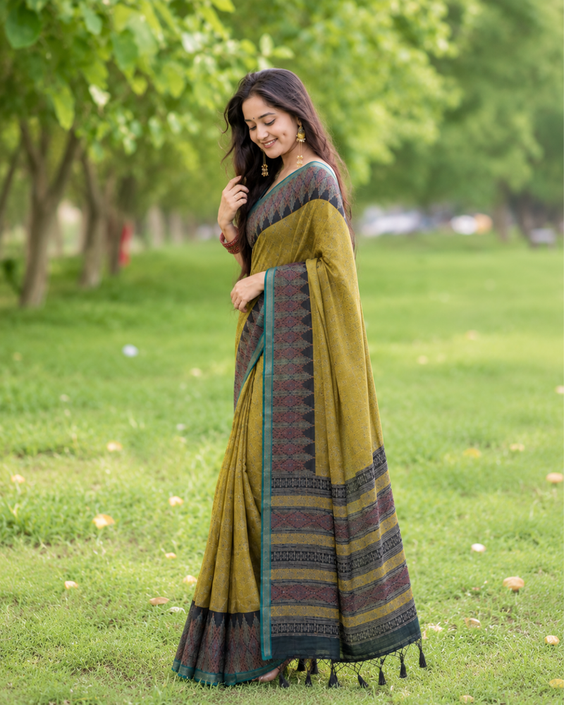 Antique Olive Mustard Ikat Weave Premium Silk Saree