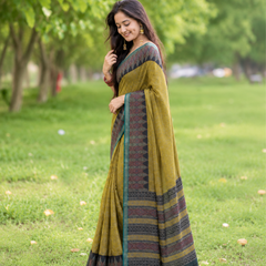 Antique Olive Mustard Ikat Weave Premium Silk Saree